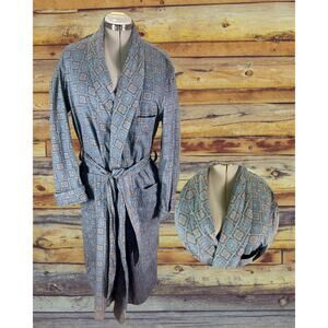 Vintage Blue Bronze Byzantine Squares Shawl Tie Waist Smoking Jacket Robe Size L